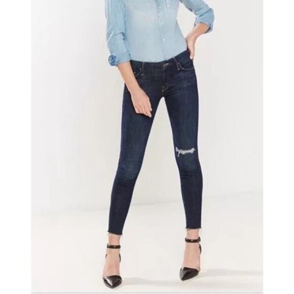 Mother Dark Wash Looker Ankle Fray Medium Rise Distressed Knee Skinny Jeans 29 - Picture 15 of 15